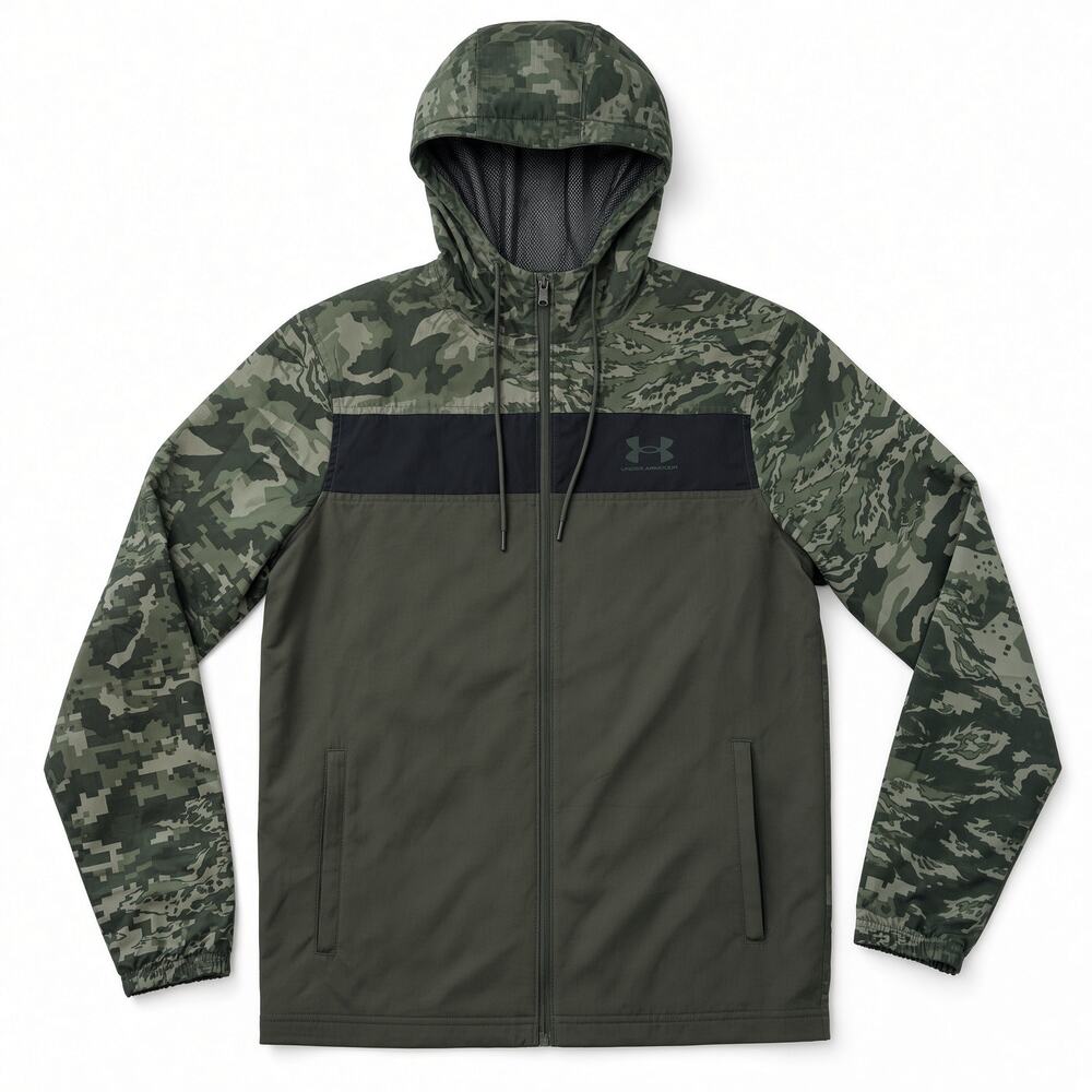Under Armour Sportstyle Camo Windbreaker Mens Small Green Hooded Full Zip